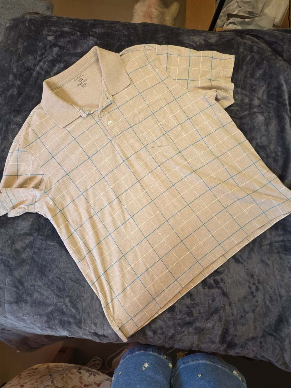 George Men's Tan Blue Grid Check Short Sleeve Polo Shirt XLT